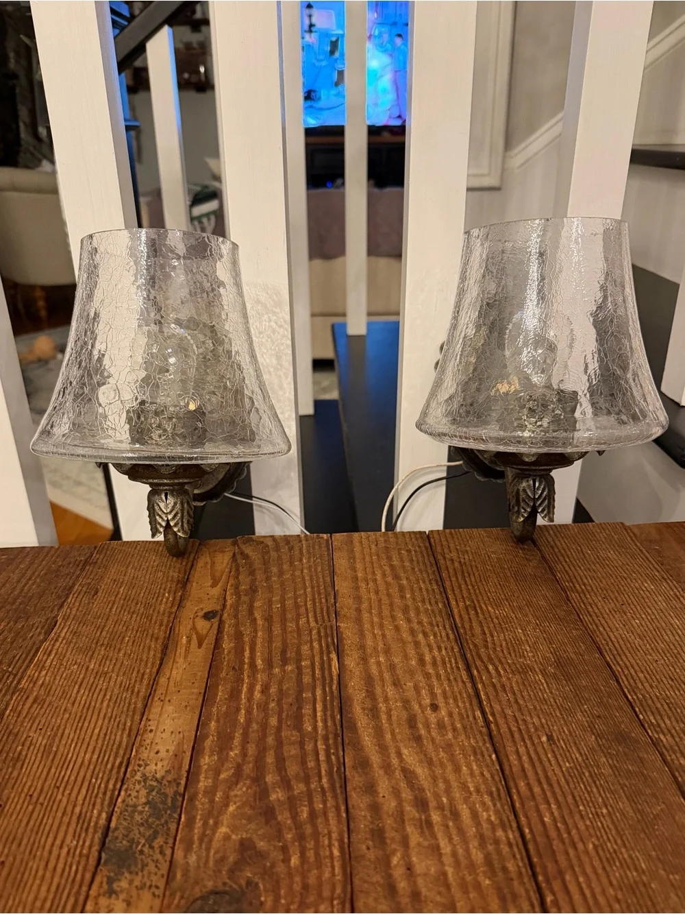 Vintage Crackle Glass Wall Sconce Pair with Bronze-tone Accents